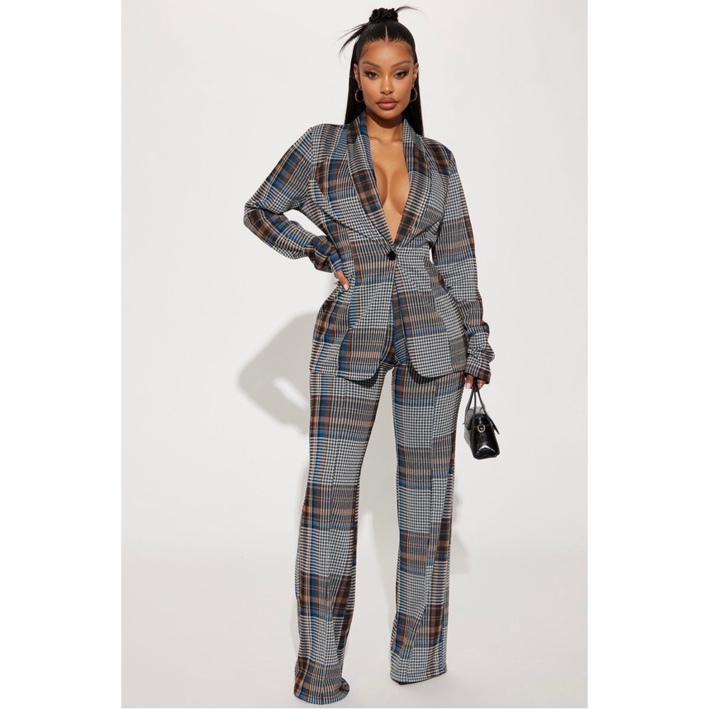 Fashion Nova Business Time Plaid Stretch Knit Blazer Pant Set Suit Blue Combo